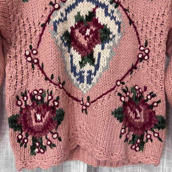 VTG Womens Chunky Knit Sweater L Petite Pink Mauve Rose Floral Granny Cottage - Picture 7 of 11